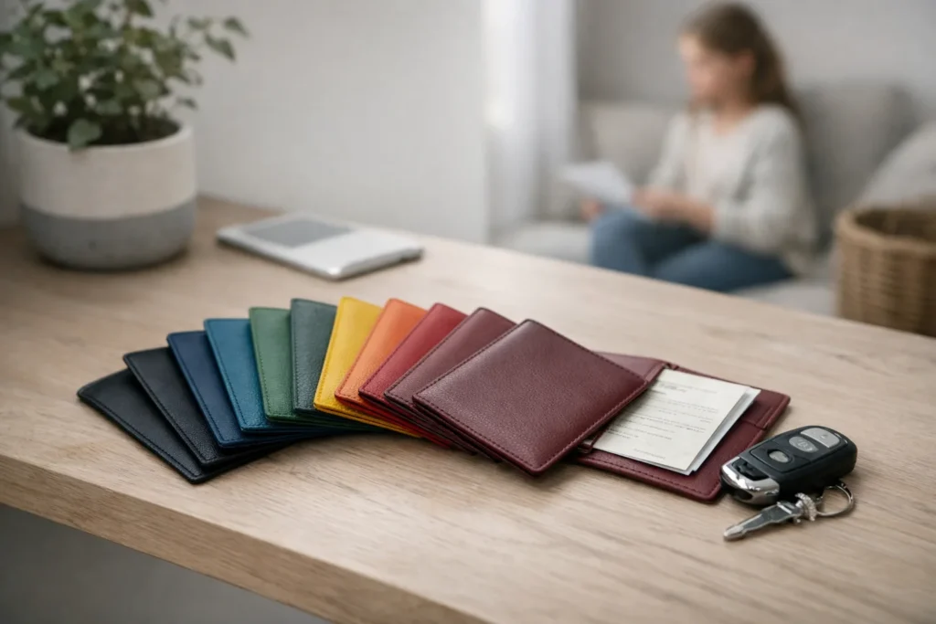 Pochette carte grise en cuir de vachette : Un choix unique de 11 couleurs