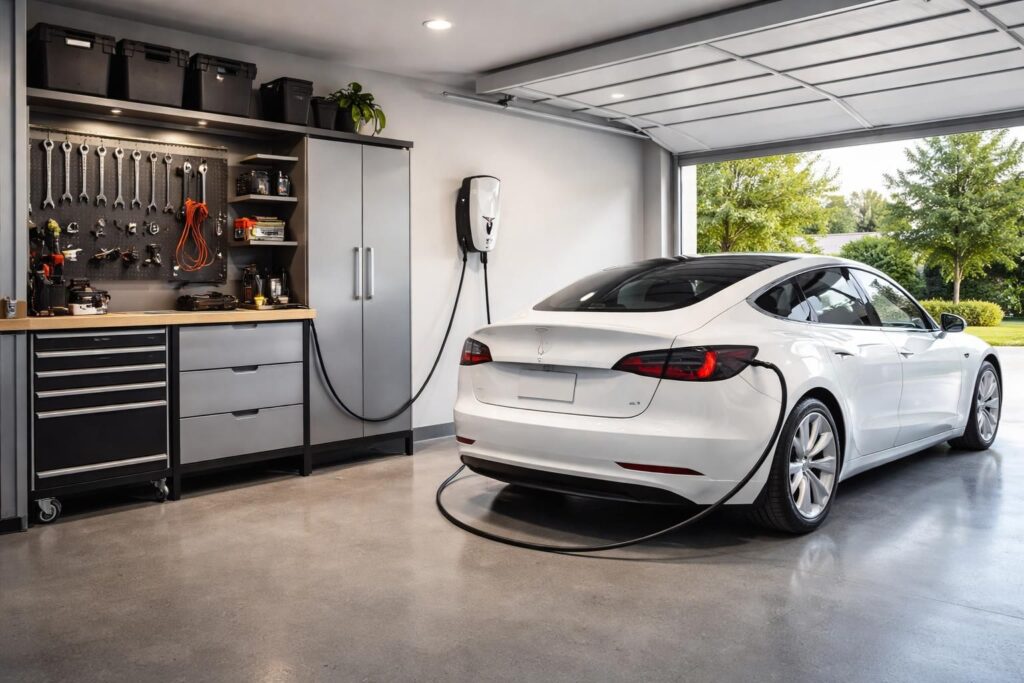 Installer une borne de recharge pour voiture électrique dans votre maison avec garage Tesla
