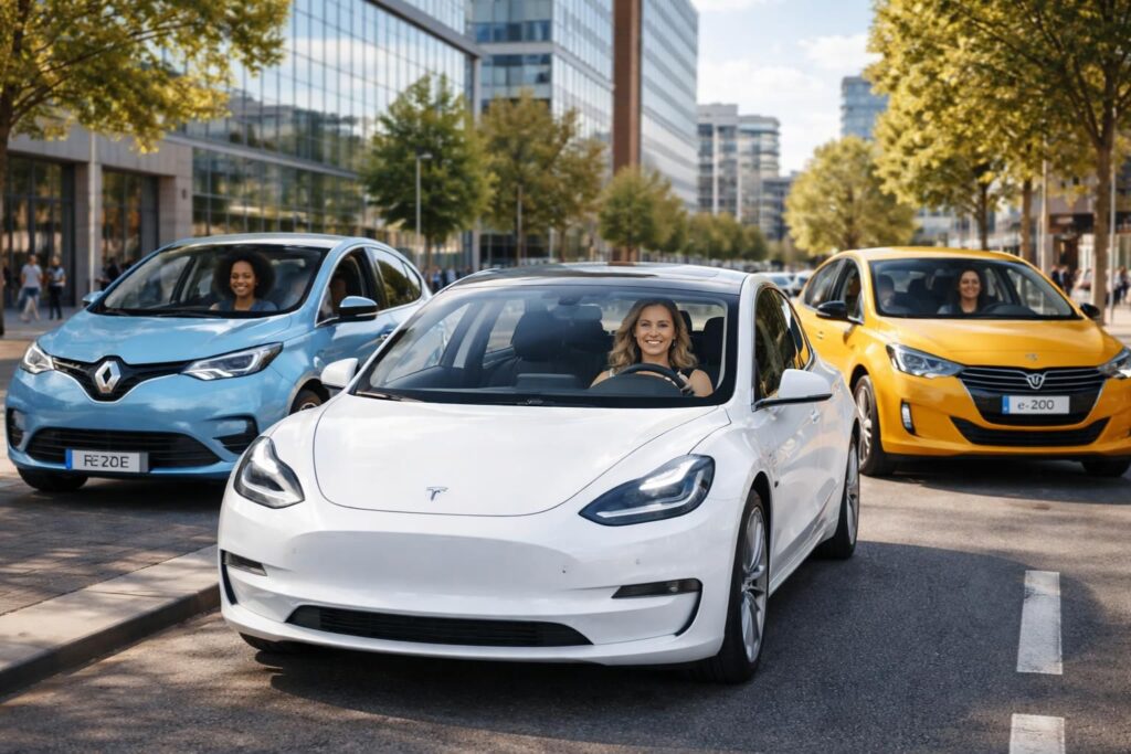 Les femmes conductrices de voitures électriques avec Tesla Model 3, Renault Zoe et Peugeot e-208