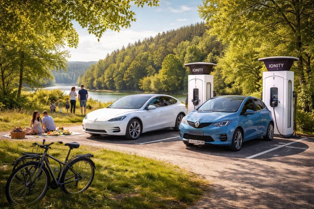 Les loisirs écologiques avec la Tesla Model 3, Renault Zoé et bornes Ionity