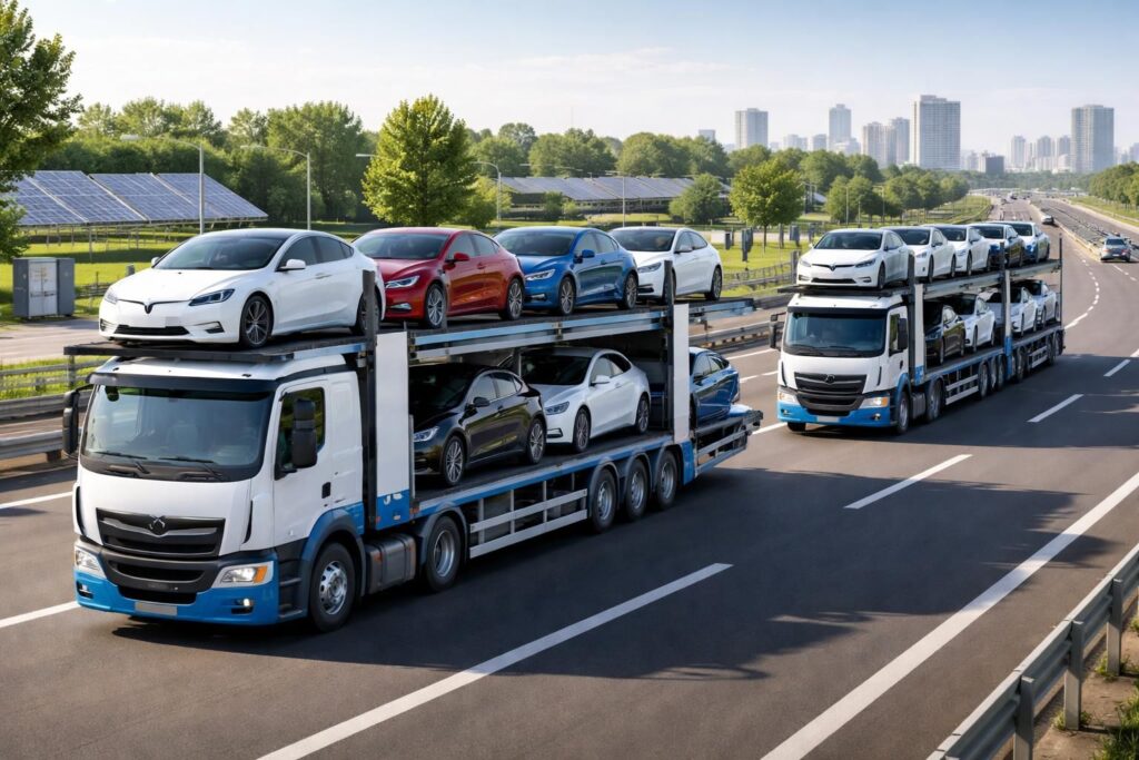 Transport de véhicules électriques Tesla et Renault Zoe avec transporteurs spécialisés